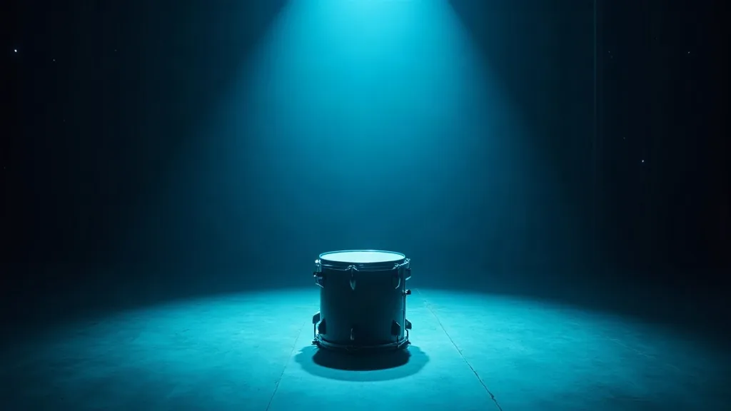 A single drum standing alone in the middle of a large dark room under one hard light, its shadow thrown long across a patinated floor.