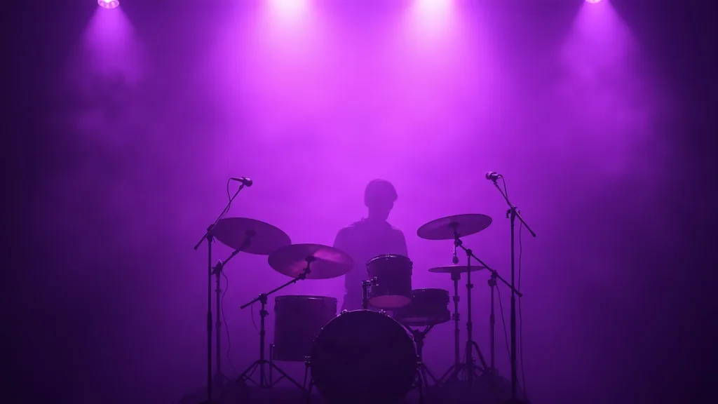 A second drum under a violet gel, lit from one side against a black stage