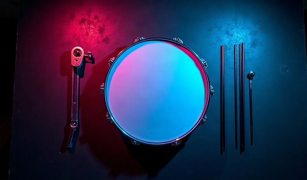 Overhead view of a near-black workbench: a blank drum head lying flat with its chrome hoop and loose tension rods, raked by a hard magenta gel from the left and a cyan edge light from the right