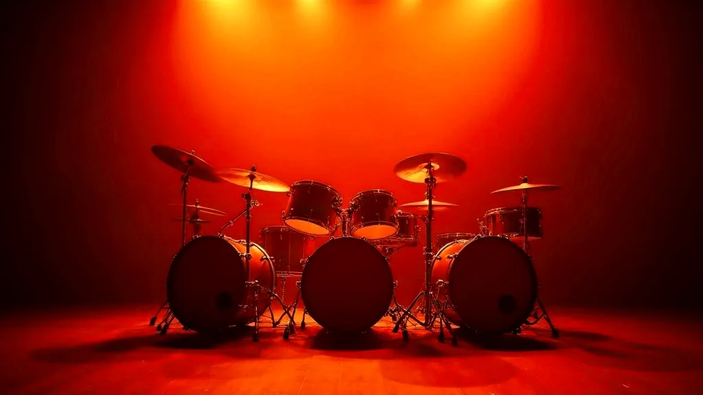 A full drum kit standing on a black stage under a single vermilion lantern, the light blooming behind the shells and falling away into the dark at both edges