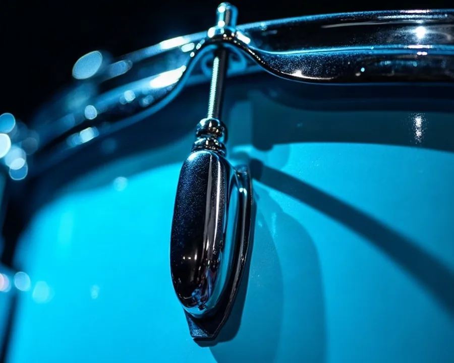 The counterhoop and tension rod of a snare drum under a cyan gel, one hard raking light along the chrome edge