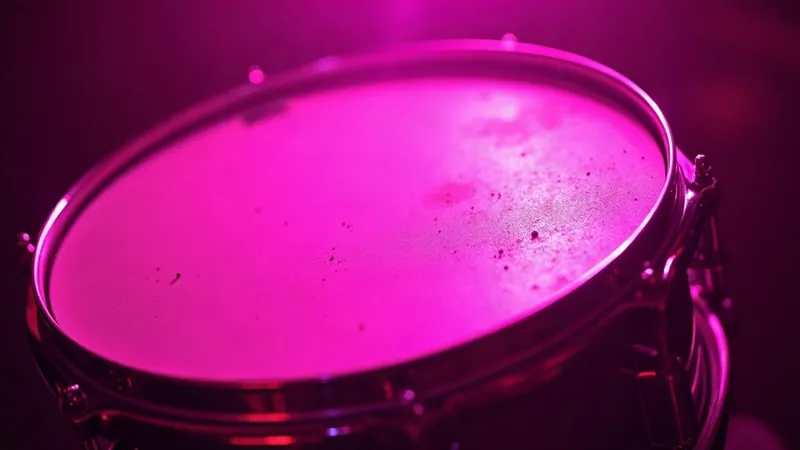 The approved magenta gel pilot: a blank drum head flooded with hot magenta on a black stage