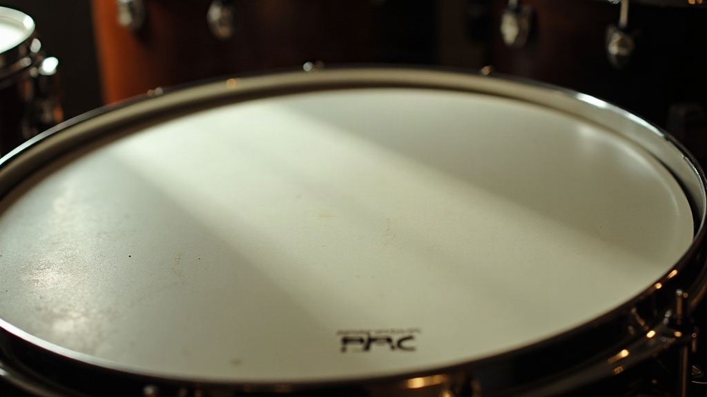 The raw pilot hero: a drum membrane receding to a dark horizon, with an invented three-letter mark stamped near the bottom of the head
