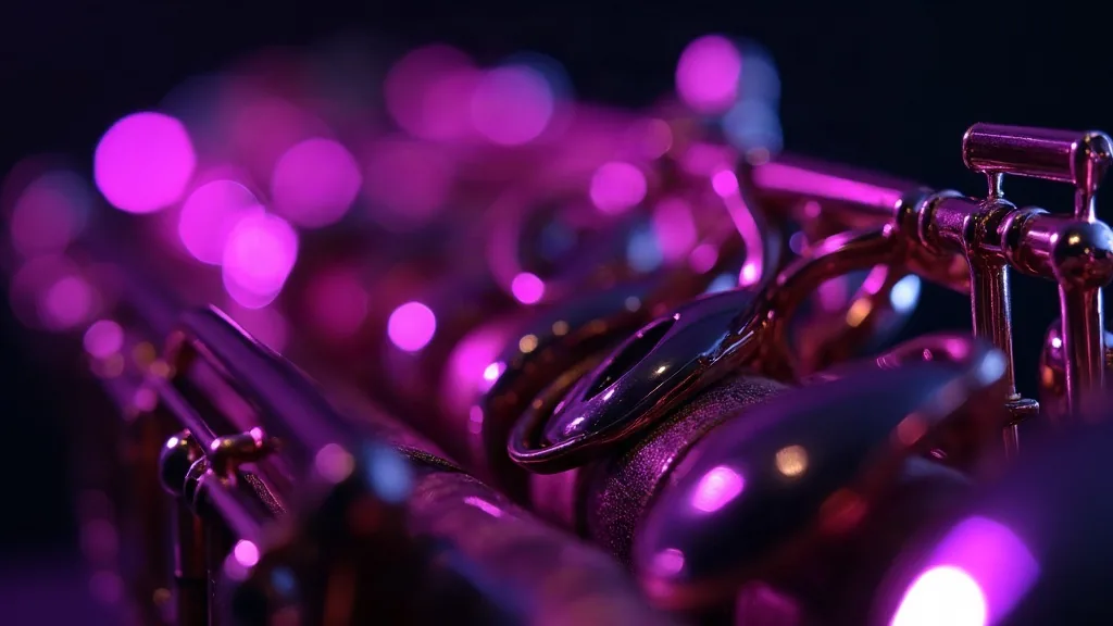 Extreme close macro of a saxophone's keywork under a single hard violet stage gel, white speculars blazing on the pearl key touches and the brass falling away into black on the right